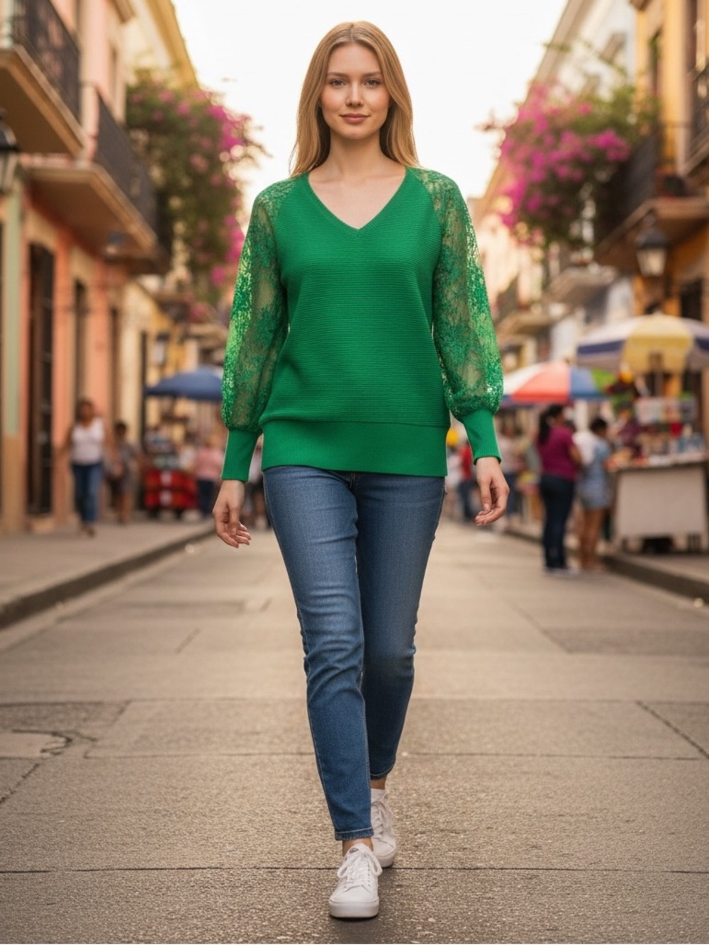 Ecowish Green Top with Lace Sleeves, Size Small - NWT